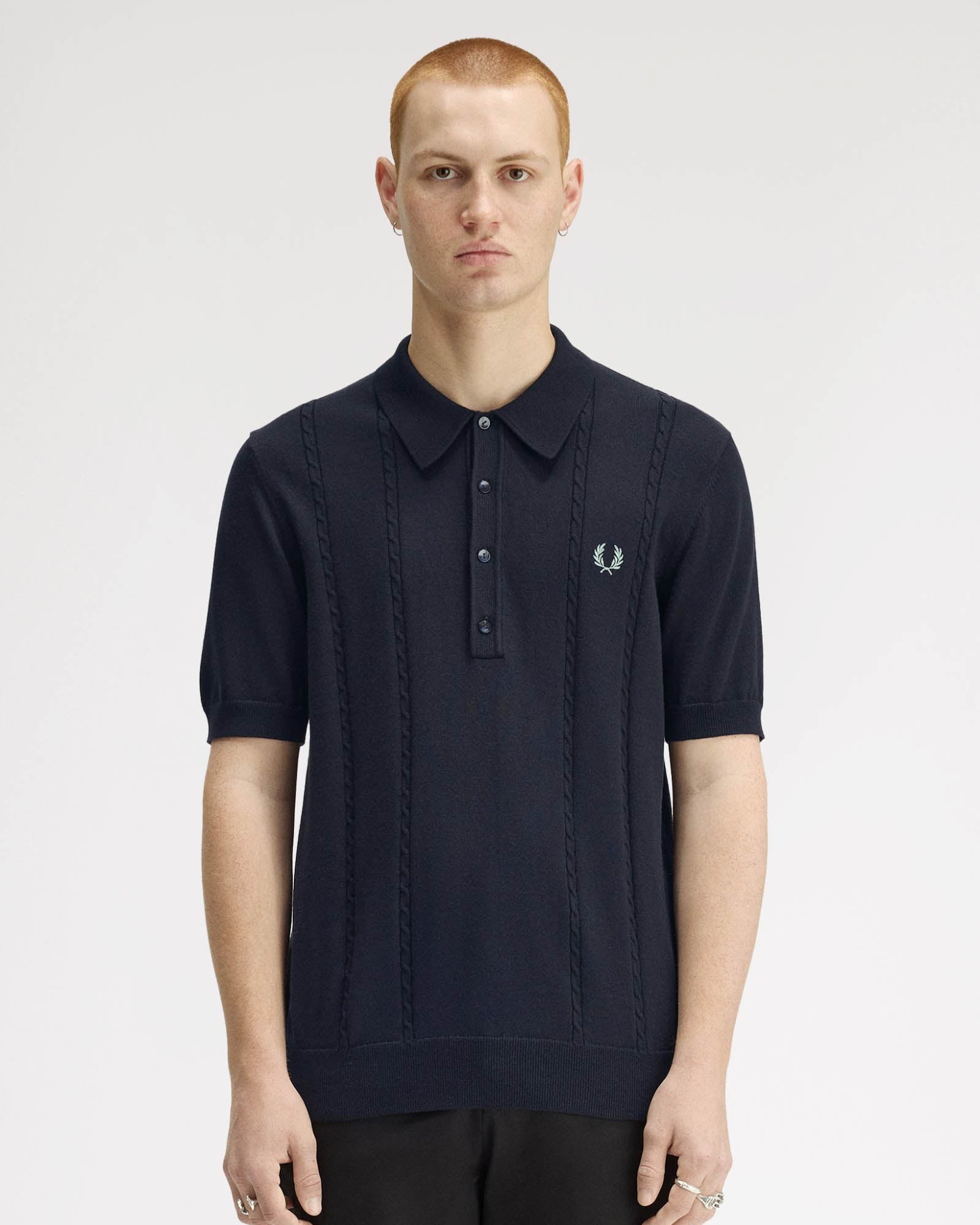 Fred Perry Mens Cable Knitted Polo Shirt - Navy 608 – CHO