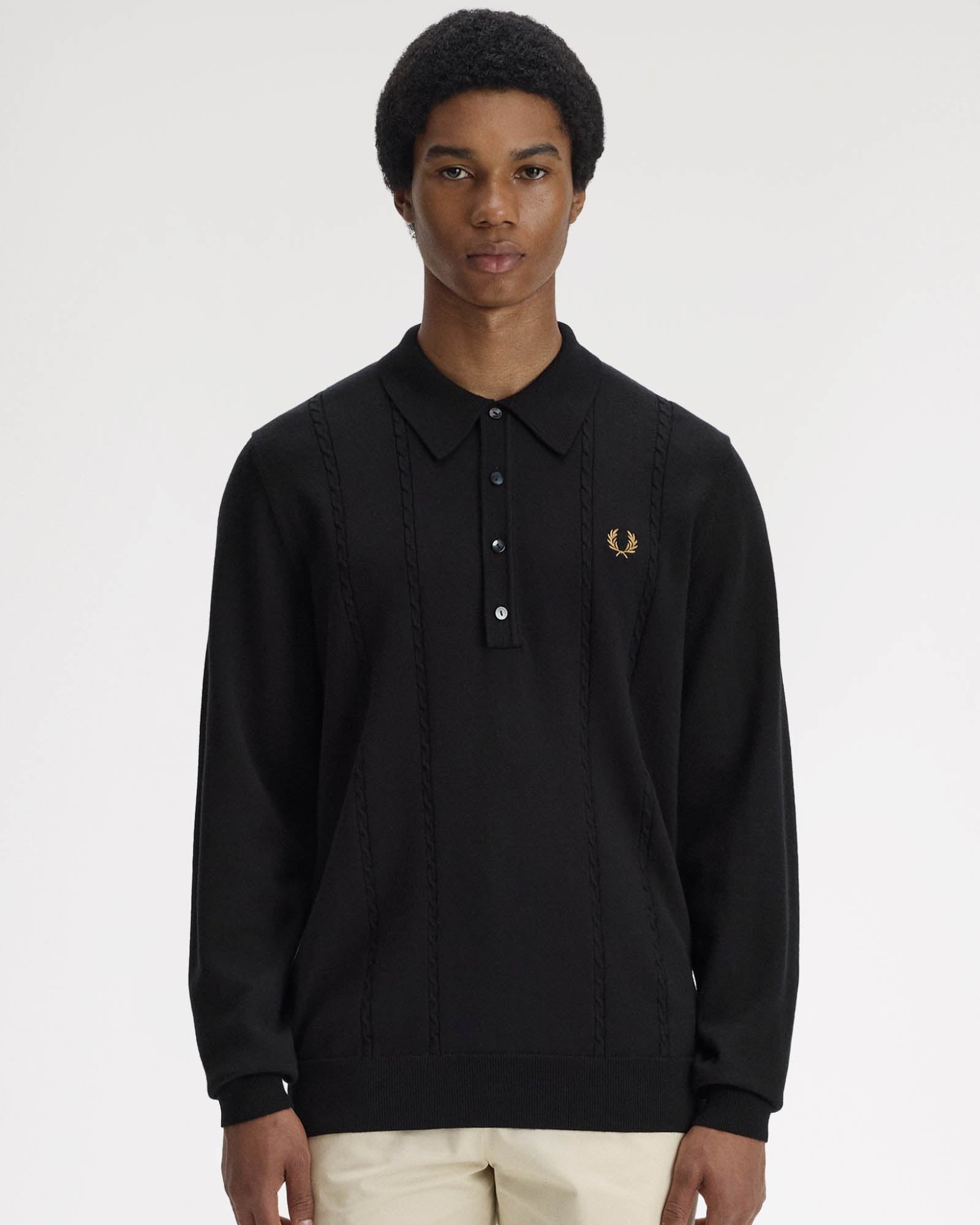 Fred Perry Mens Cable Knitted Long Sleeve Polo Shirt - Black 102 – CHO