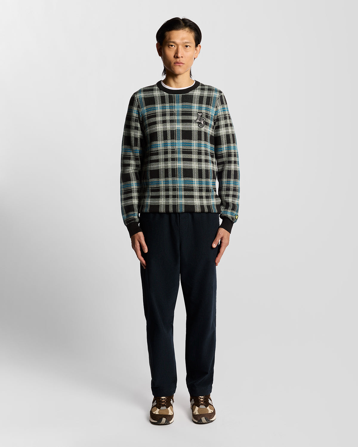 Lyle & Scott Ribbed Jacquard Tartan Crew Neck - X977 Jet Black/Mid Grey Marl
