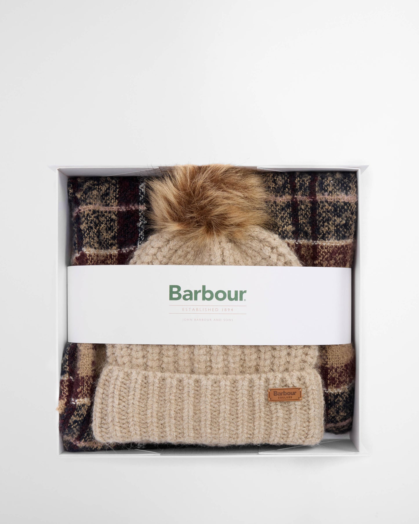 Barbour Saltburn Beanie & Tartan Scarf Set - Gardenia Tartan