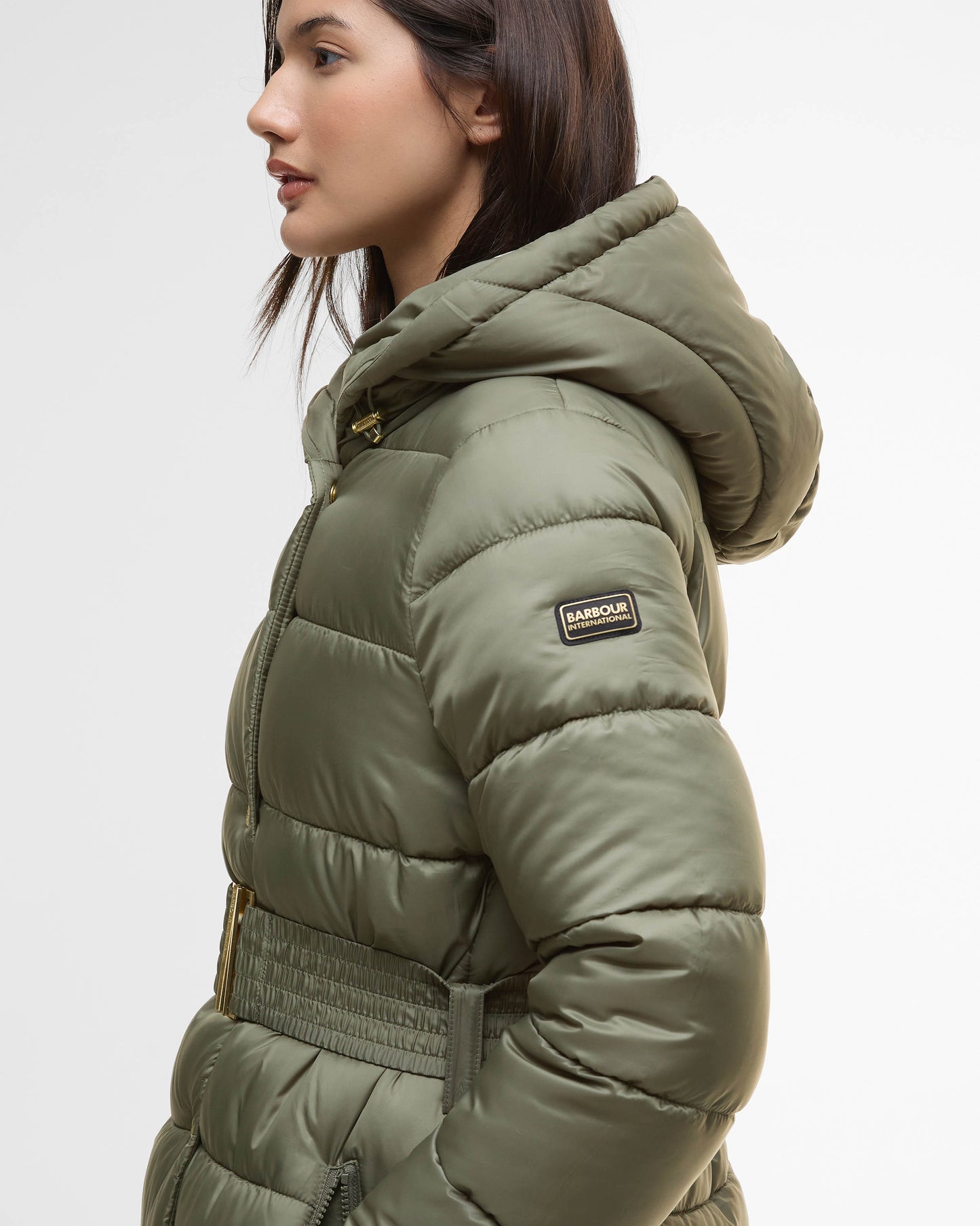 Barbour International Short Track Line Womens Puffer Jacket - Dusky Khaki/Jasmine Leopard Print