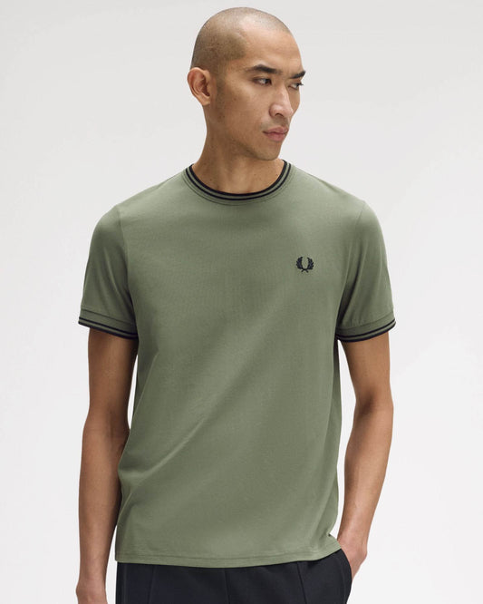 Fred Perry Mens Twin Tipped T-Shirt - Laurel Wreath Green/Black/Black Z50