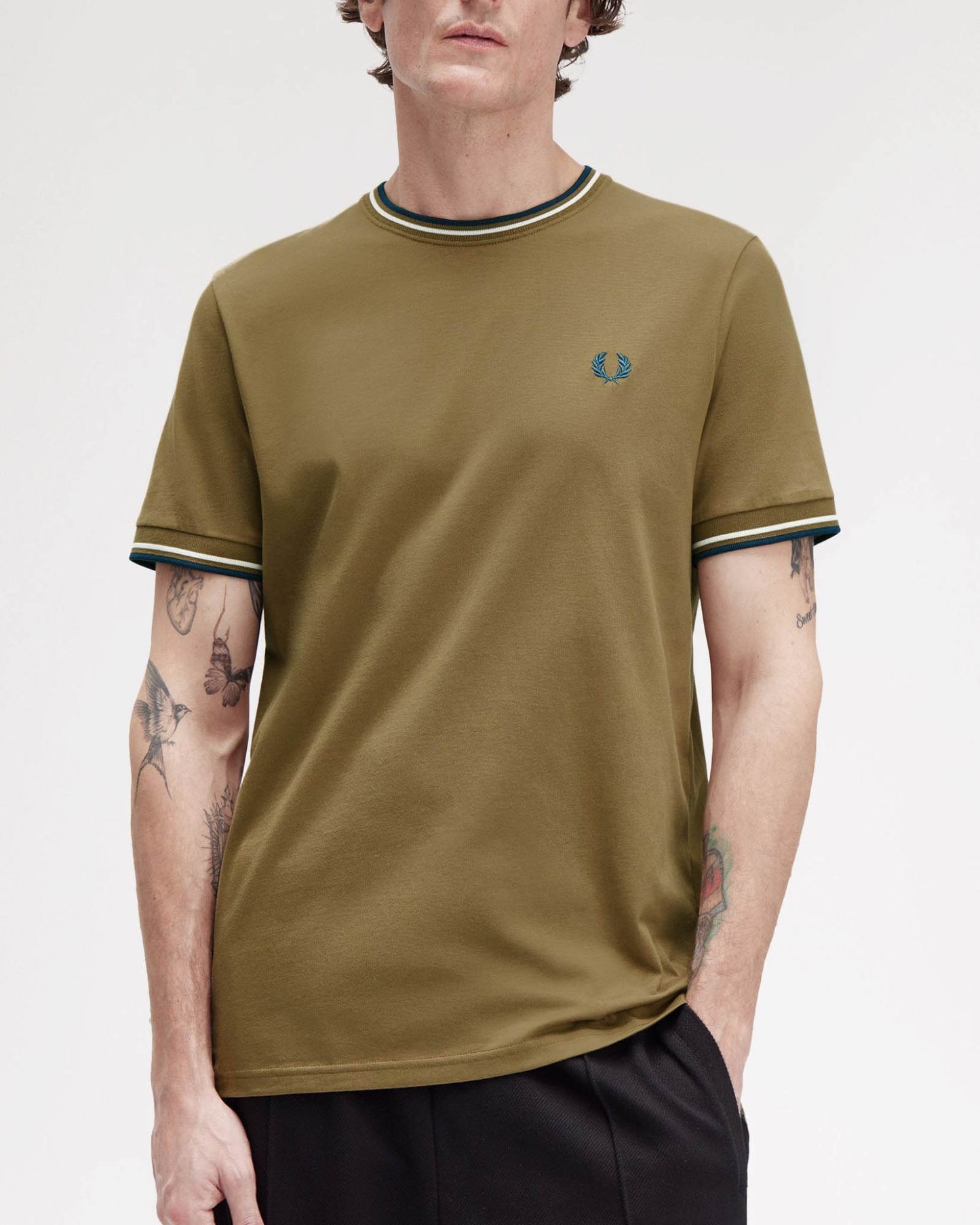 Fred Perry Mens Twin Tipped T-Shirt - Shaded Stone/Ecru/Dark Petrol Z60