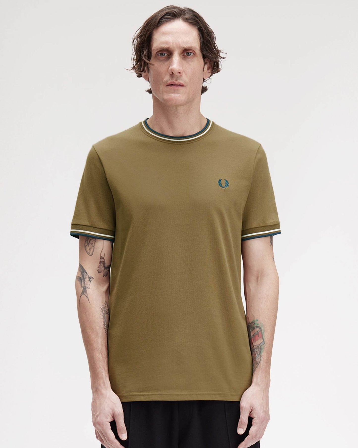 Fred Perry Mens Twin Tipped T-Shirt - Shaded Stone/Ecru/Dark Petrol Z60