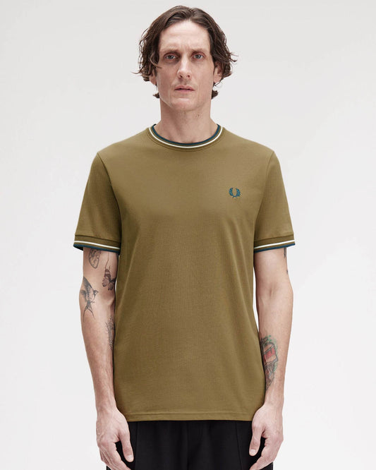 Fred Perry Mens Twin Tipped T-Shirt - Shaded Stone/Ecru/Dark Petrol Z60