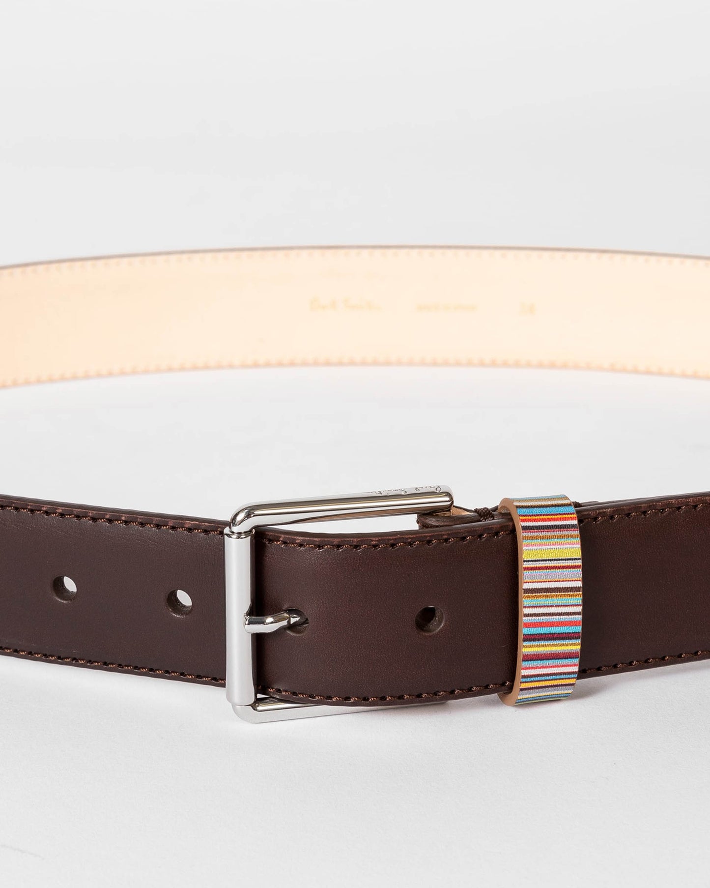 Paul Smith Mens Leather Belt with Signature Stripe Keeper - 66 Chocolate