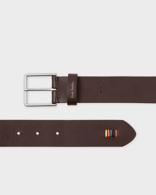 Paul Smith Mens Leather Belt with Signature Stripe Stitch Detail - 66 Chocolate