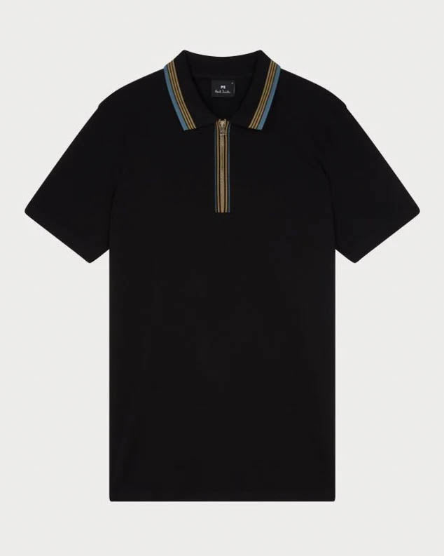 PS Paul Smith Mens Regular Fit Zip Polo with Stripe Tipping - 79 Black