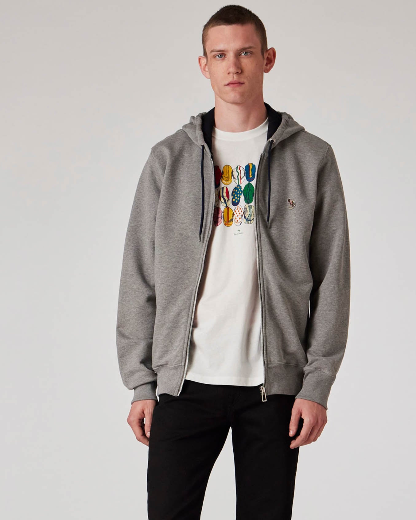 PS Paul Smith Mens Reg Fit Zip Hoodie with Zebra Logo - 72 Grey Melange