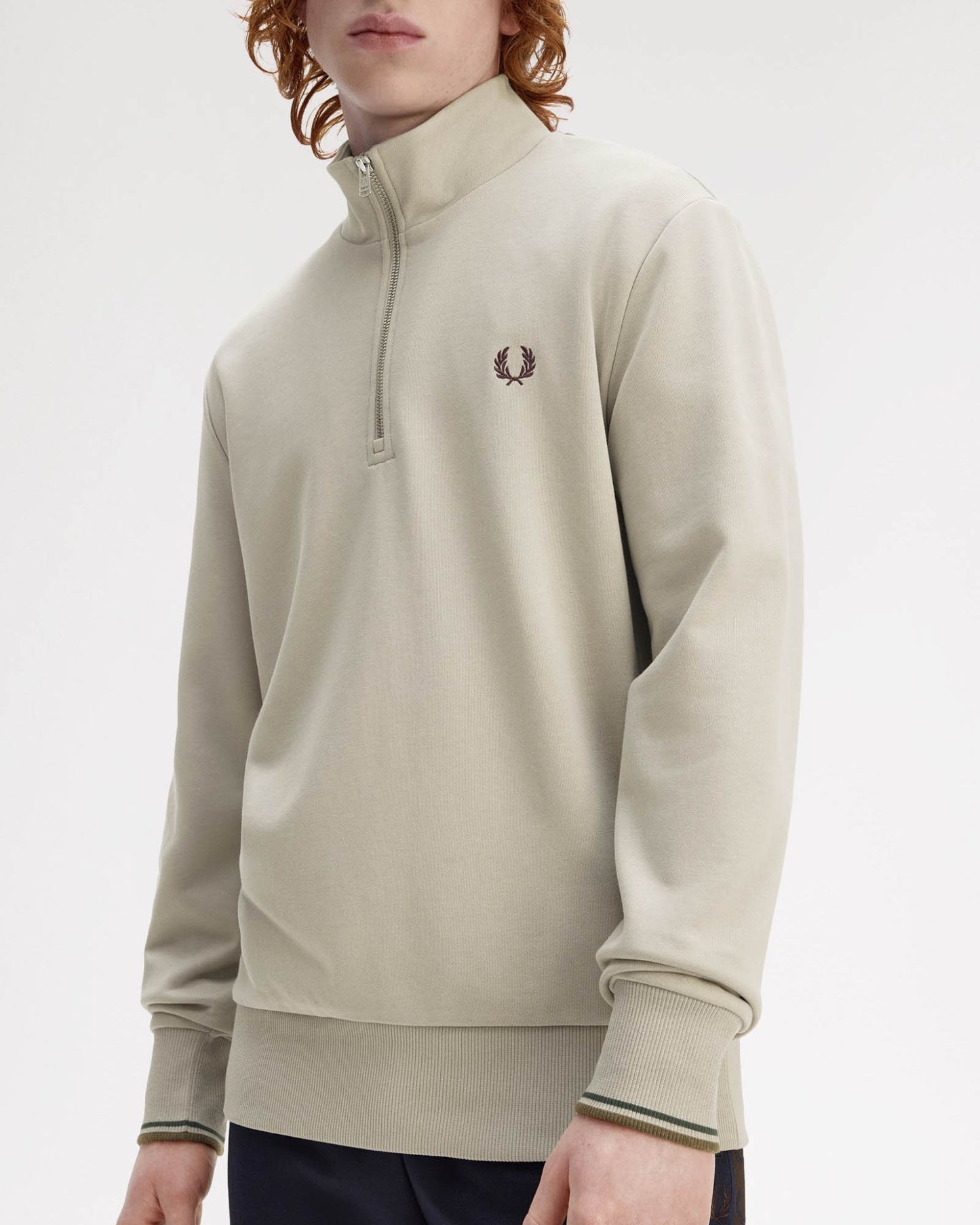 Fred Perry Mens Half Zip Sweatshirt - Warm Oat/Court Green/Burnt Tobacco 50A