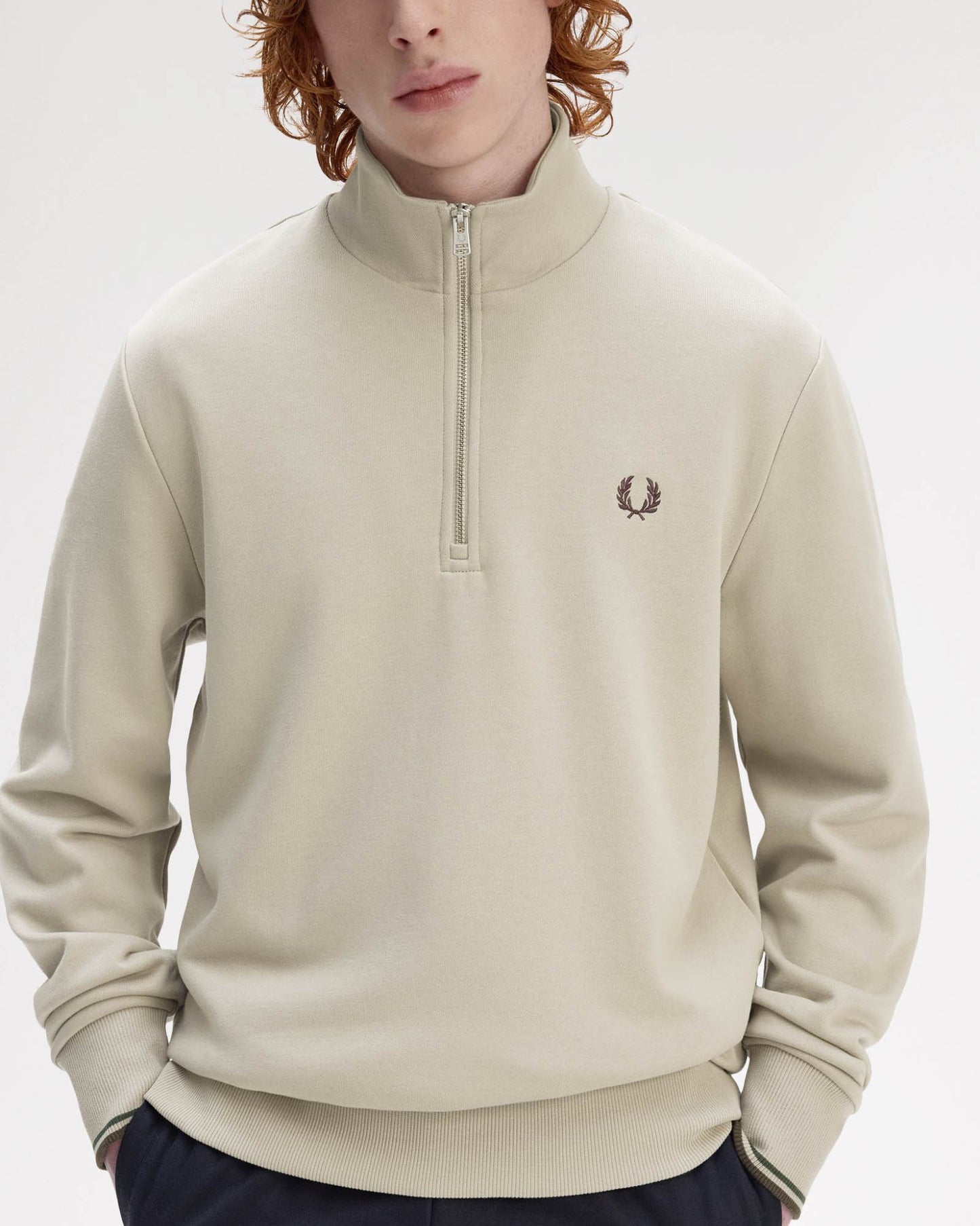Fred Perry Mens Half Zip Sweatshirt - Warm Oat/Court Green/Burnt Tobacco 50A