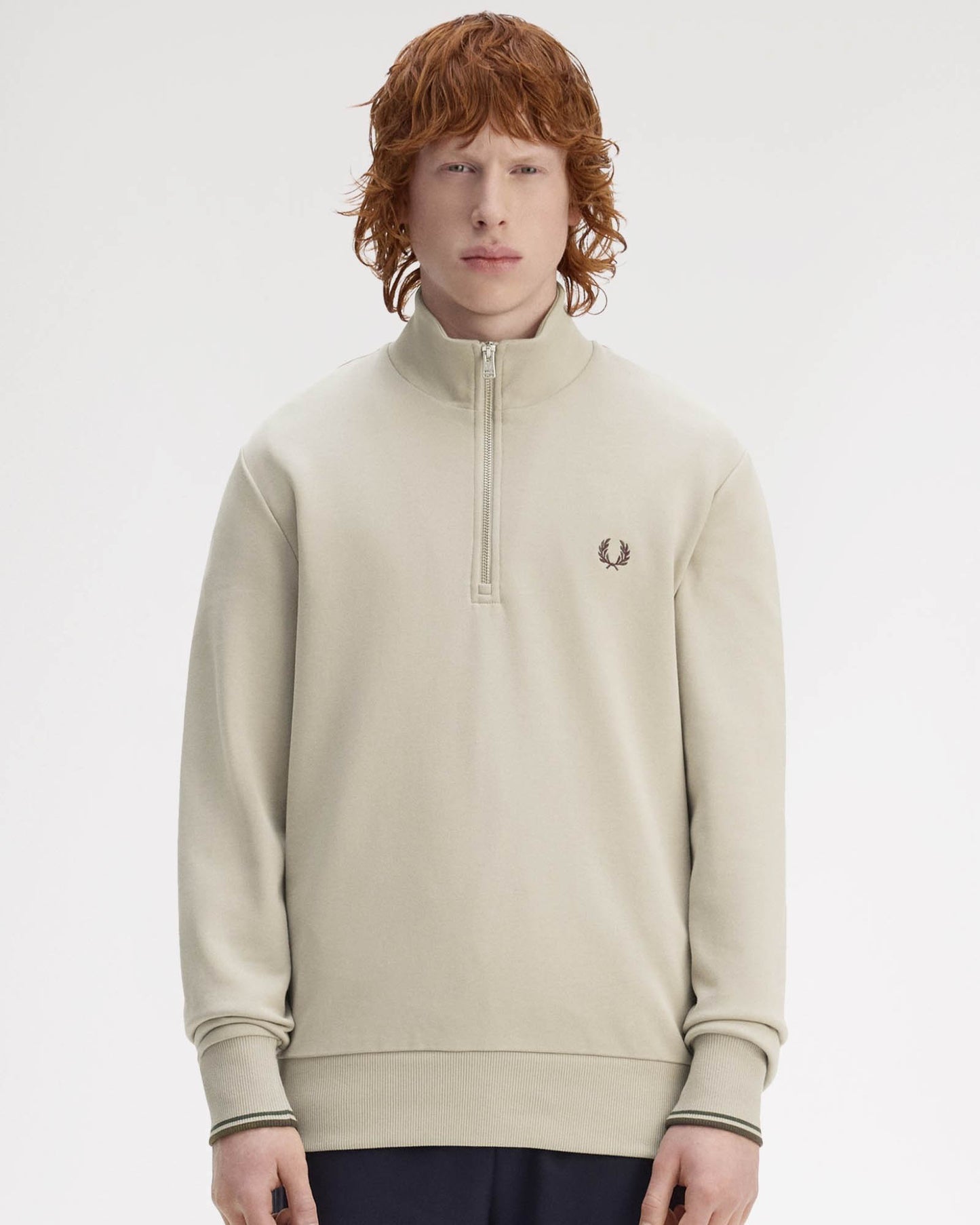 Fred Perry Mens Half Zip Sweatshirt - Warm Oat/Court Green/Burnt Tobacco 50A