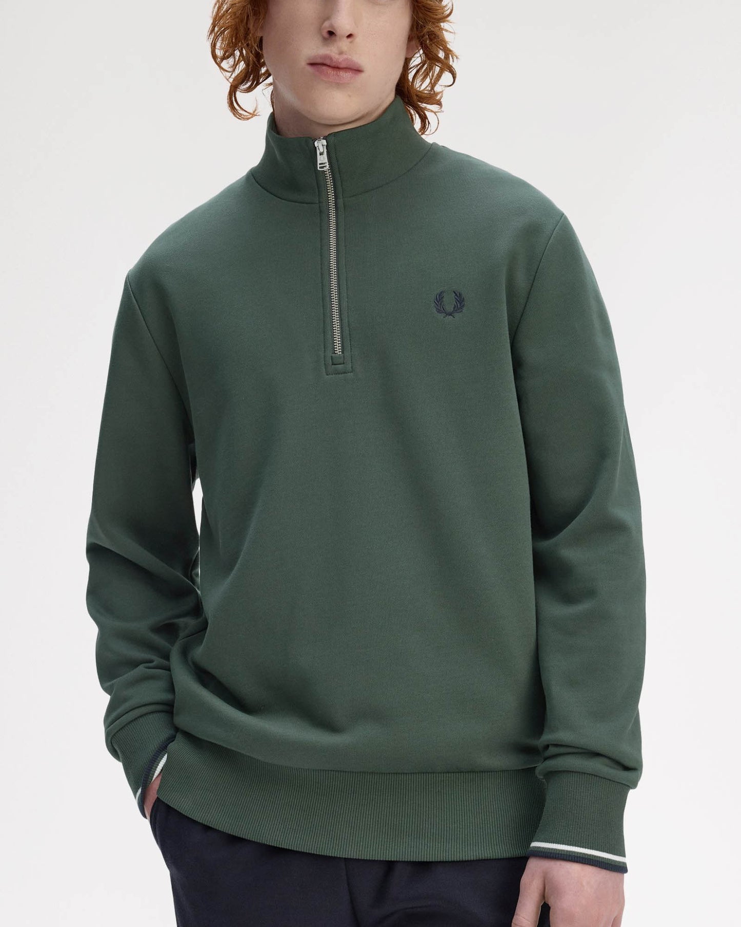 Fred Perry Mens Half Zip Sweatshirt - Court Green/Snow White/Navy 53A