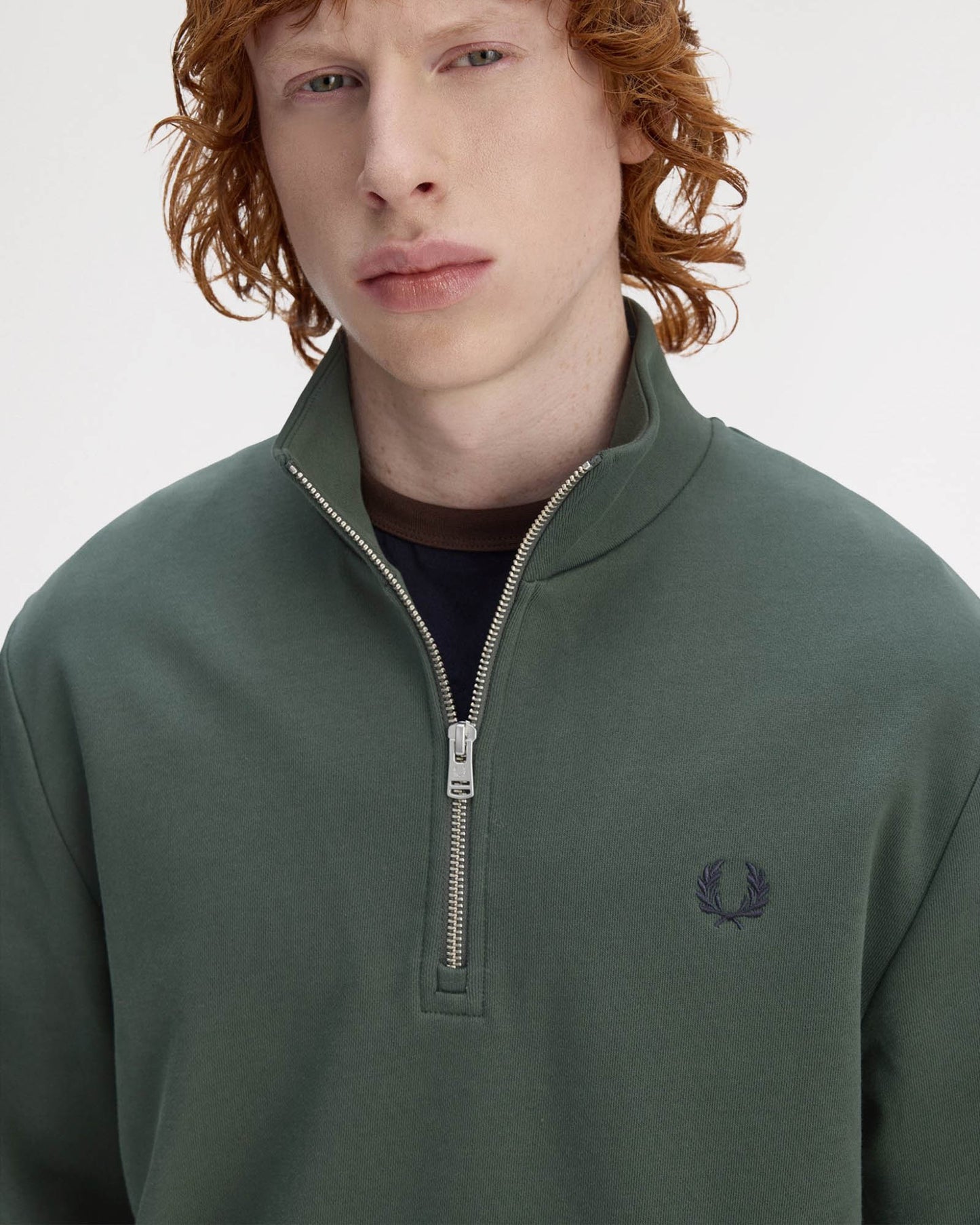 Fred Perry Mens Half Zip Sweatshirt - Court Green/Snow White/Navy 53A