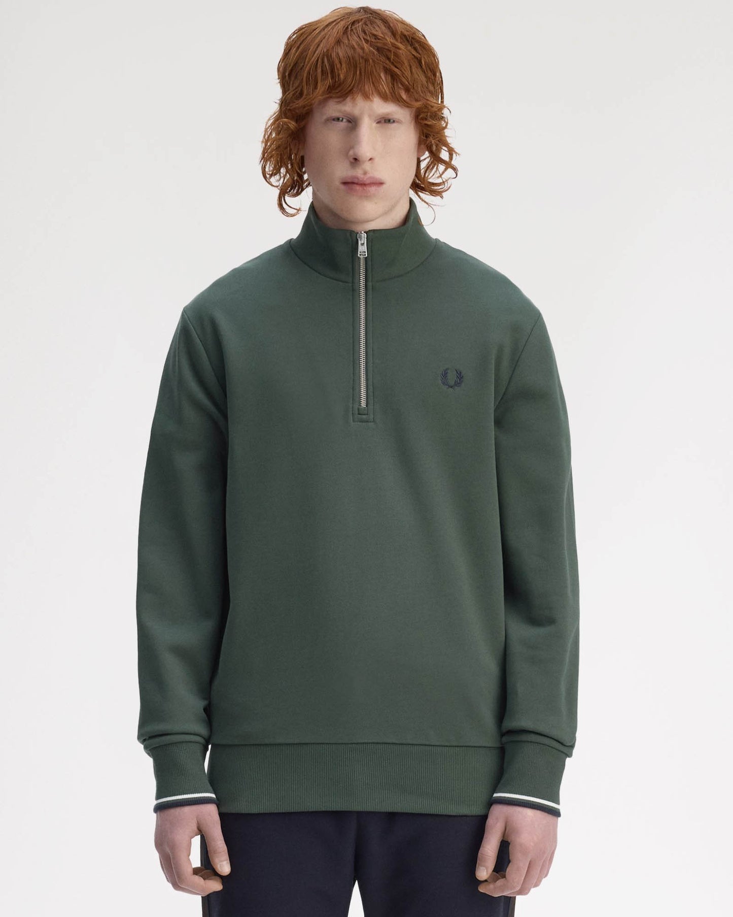 Fred Perry Mens Half Zip Sweatshirt - Court Green/Snow White/Navy 53A