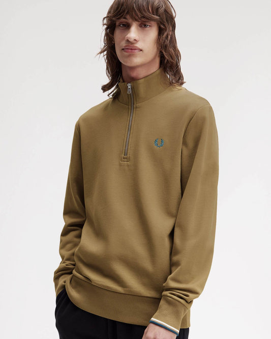 Fred Perry Mens Half Zip Sweatshirt - Shaded Stone/Ecru/Dark Petrol Z60