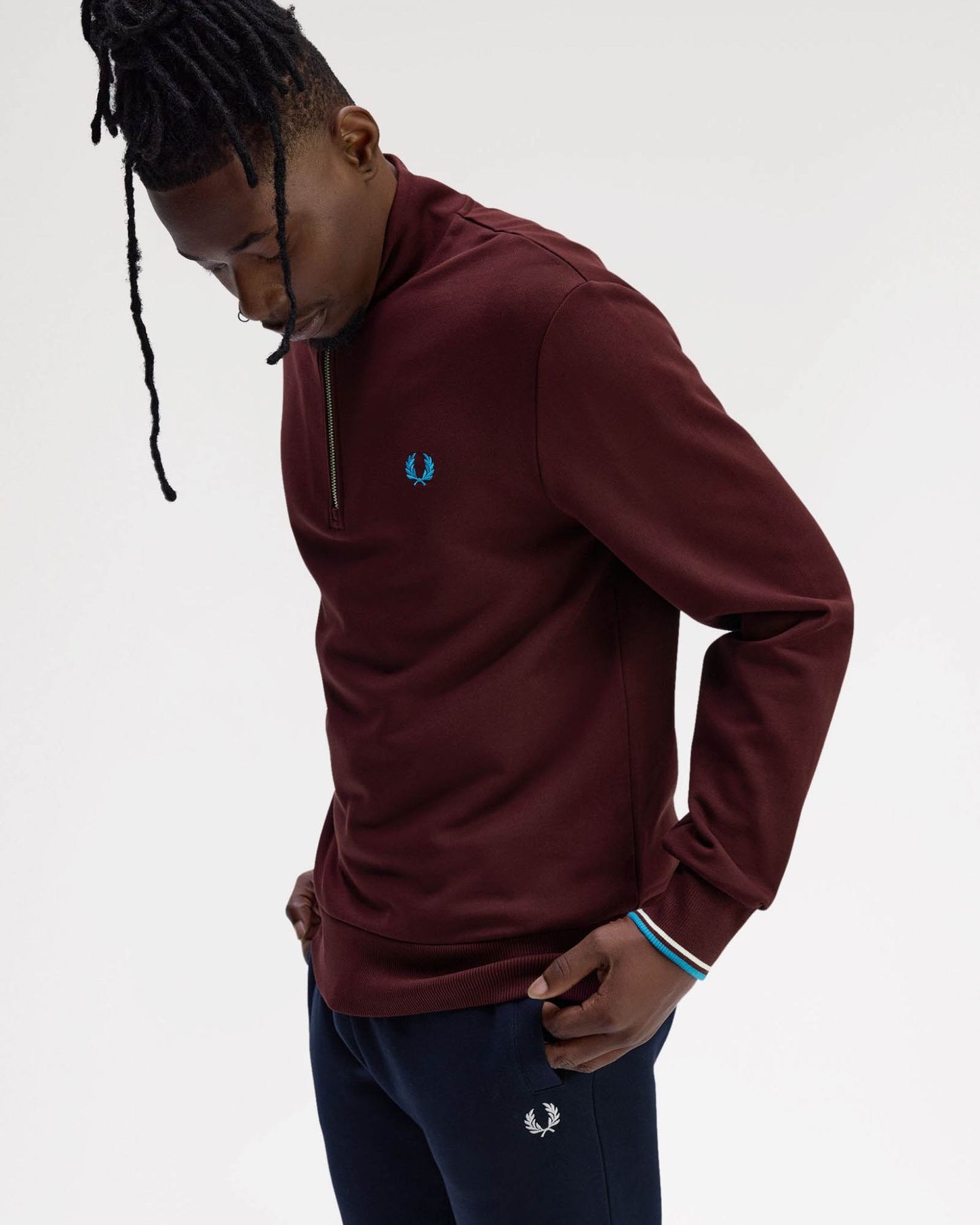 Fred Perry Mens Half Zip Sweatshirt - Oxblood/Ecru/Court Blue Z63