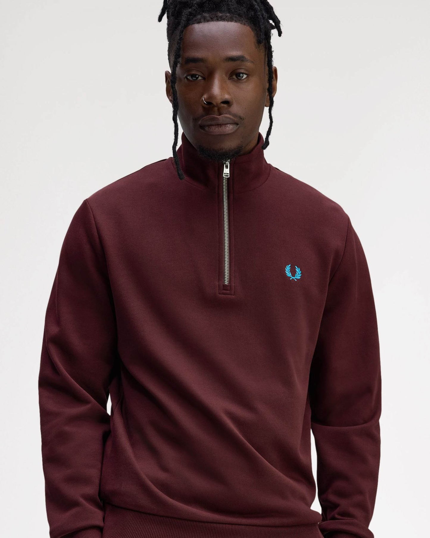 Fred Perry Mens Half Zip Sweatshirt - Oxblood/Ecru/Court Blue Z63