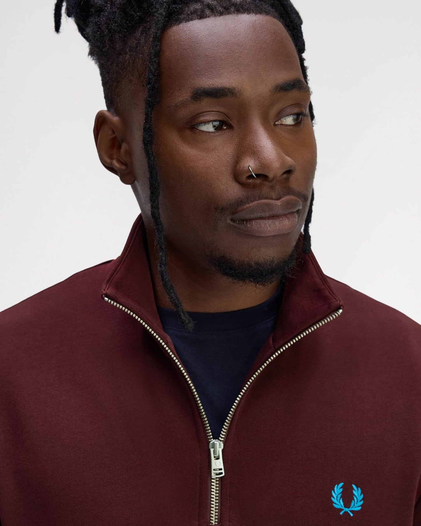Fred Perry Mens Half Zip Sweatshirt - Oxblood/Ecru/Court Blue Z63
