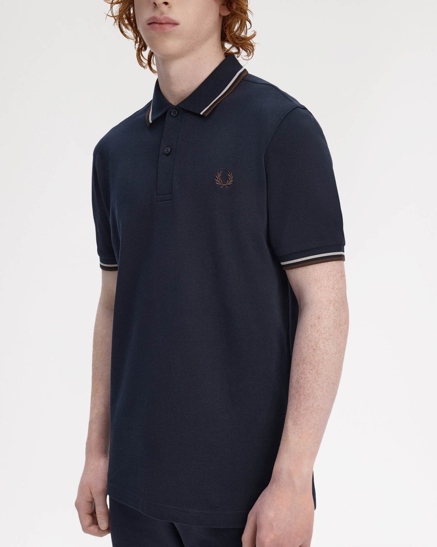 Fred Perry Mens Twin Tipped Signature Polo Shirt - Navy/Warm Oat/Burnt Tobacco 52A