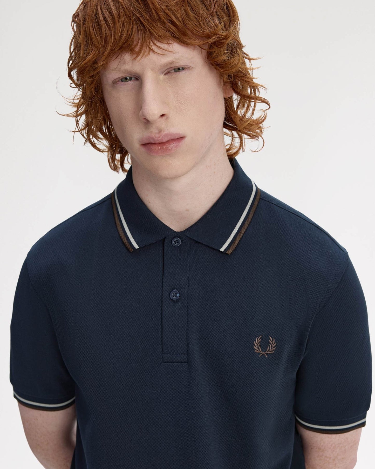 Fred Perry Mens Twin Tipped Signature Polo Shirt - Navy/Warm Oat/Burnt Tobacco 52A