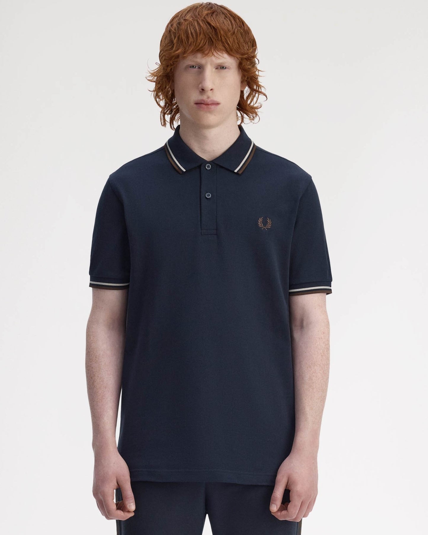 Fred Perry Mens Twin Tipped Signature Polo Shirt - Navy/Warm Oat/Burnt Tobacco 52A