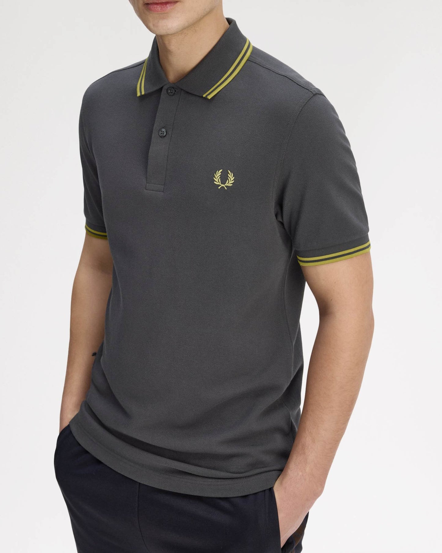Fred Perry Mens Twin Tipped Signature Polo Shirt - Anchor Grey/Tennis Ball Yellow 58A