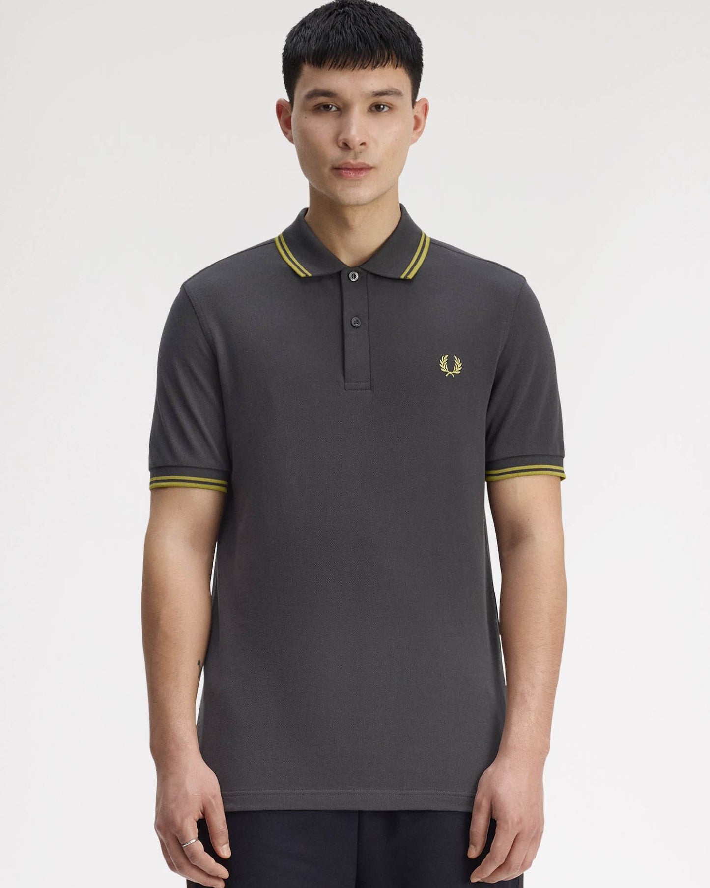 Fred Perry Mens Twin Tipped Signature Polo Shirt - Anchor Grey/Tennis Ball Yellow 58A
