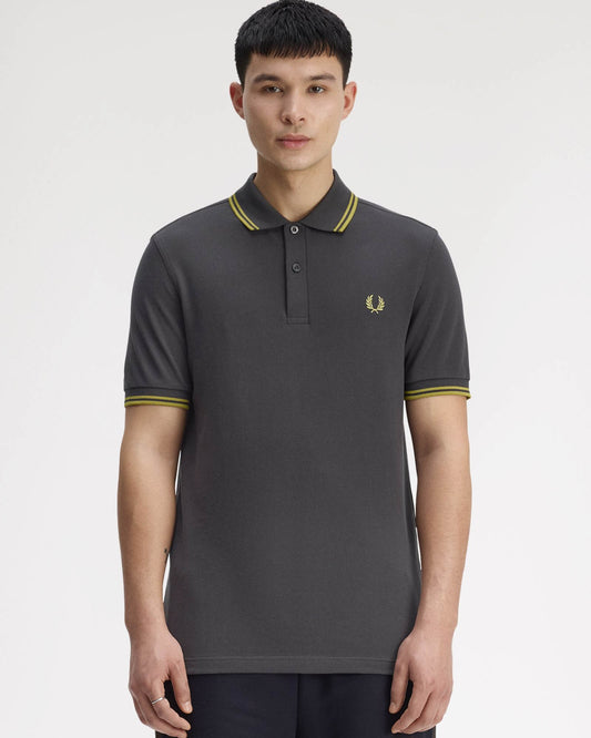 Fred Perry Mens Twin Tipped Signature Polo Shirt - Anchor Grey/Tennis Ball Yellow 58A