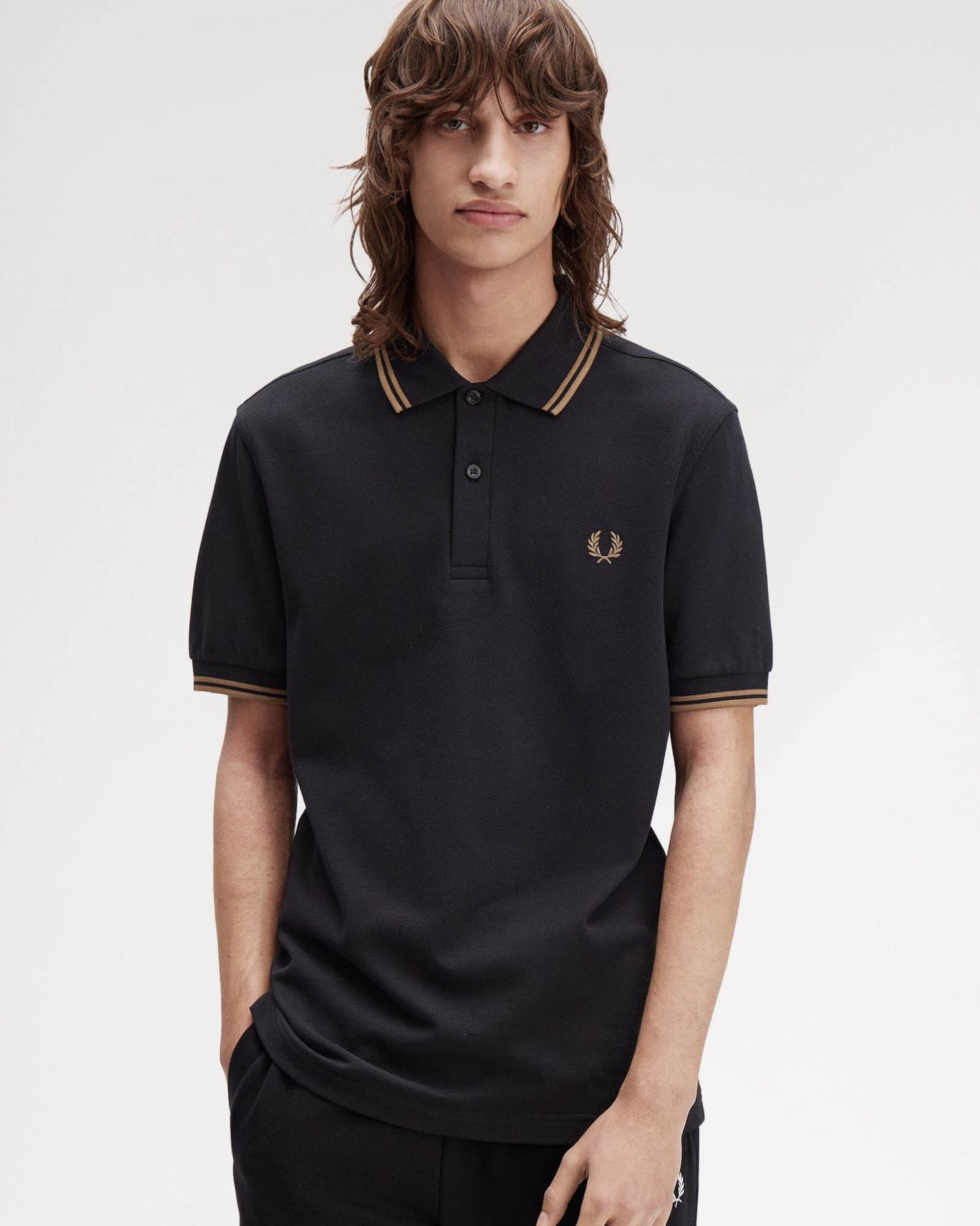 Fred Perry Mens Twin Tipped Signature Polo Shirt - Black/Shaded Stone/Shaded Stone S77