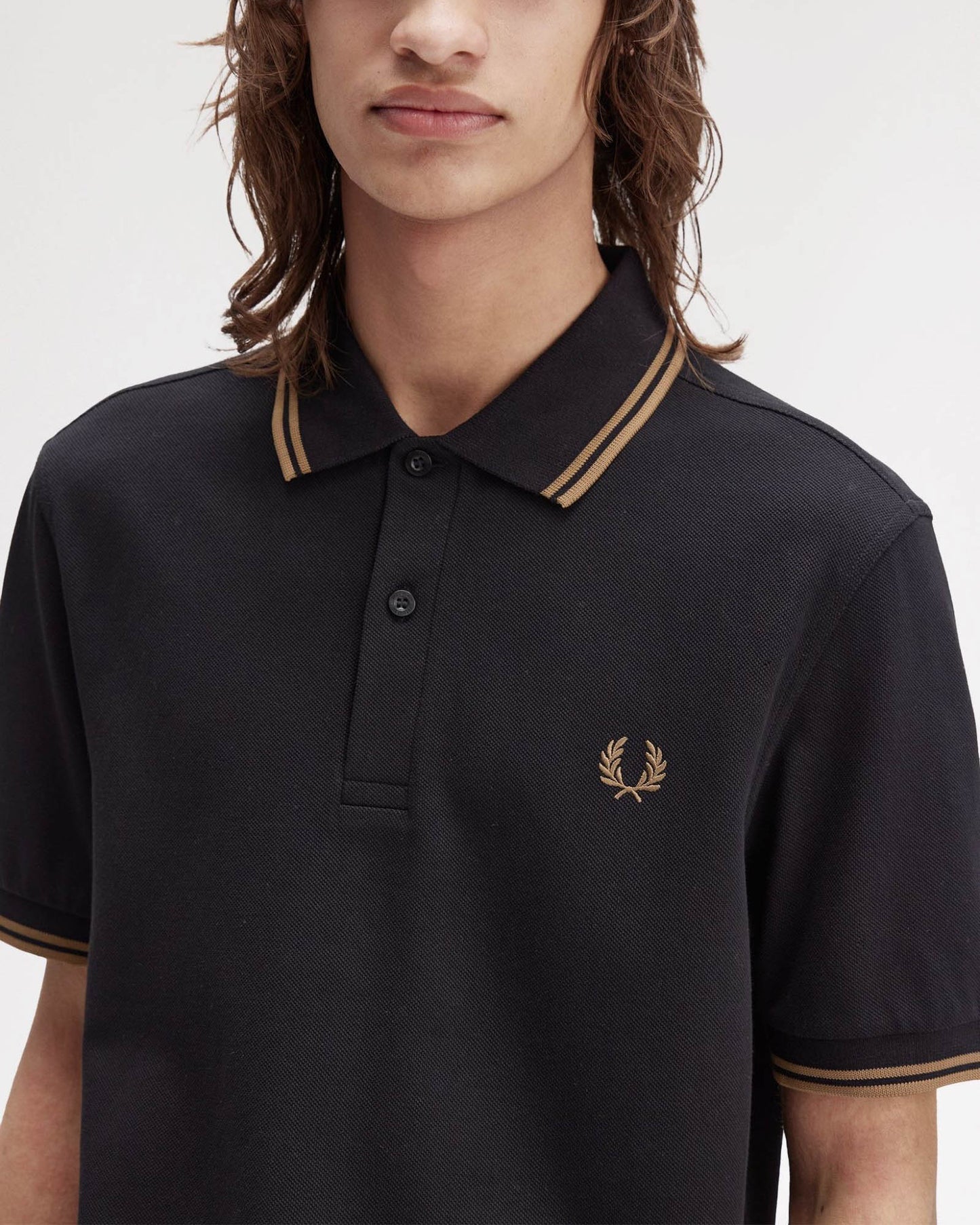 Fred Perry Mens Twin Tipped Signature Polo Shirt - Black/Shaded Stone/Shaded Stone S77