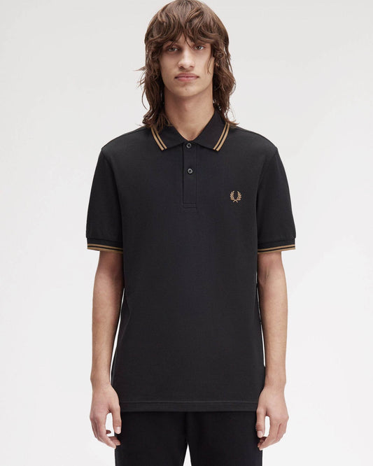 Fred Perry Mens Twin Tipped Signature Polo Shirt - Black/Shaded Stone/Shaded Stone S77