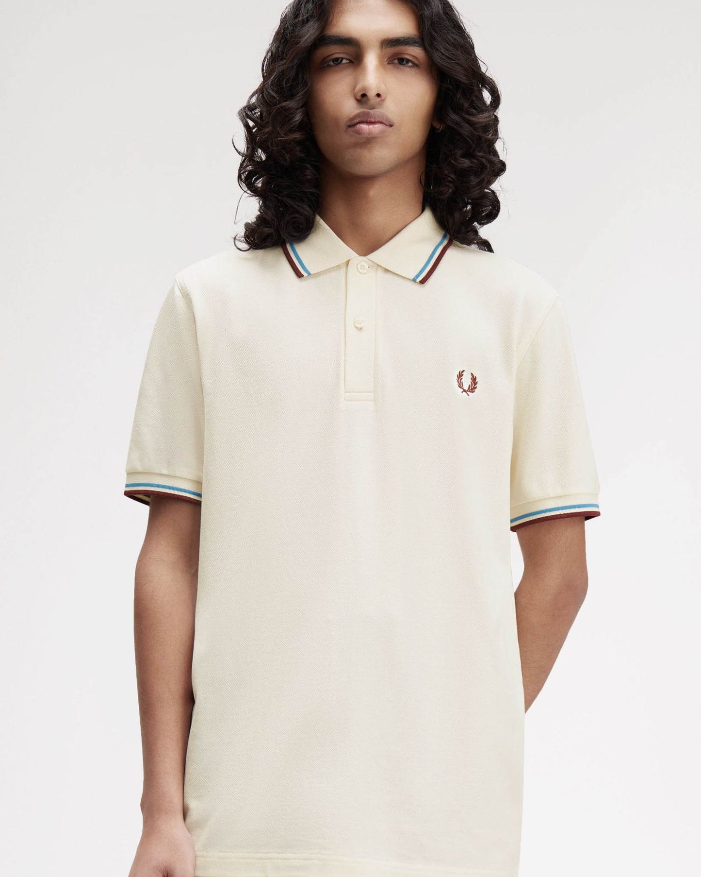 Fred Perry Mens Twin Tipped Signature Polo Shirt - Ecru/Court Blue/Oxblood Z46