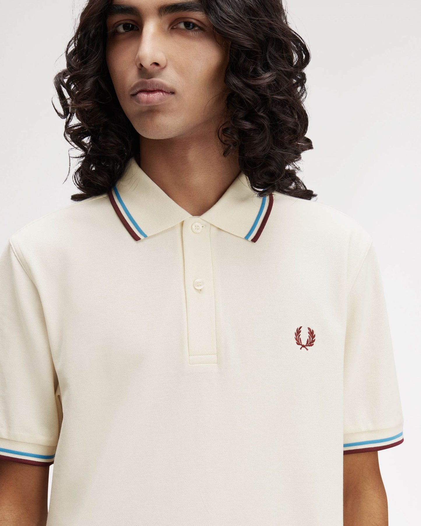 Fred Perry Mens Twin Tipped Signature Polo Shirt - Ecru/Court Blue/Oxblood Z46