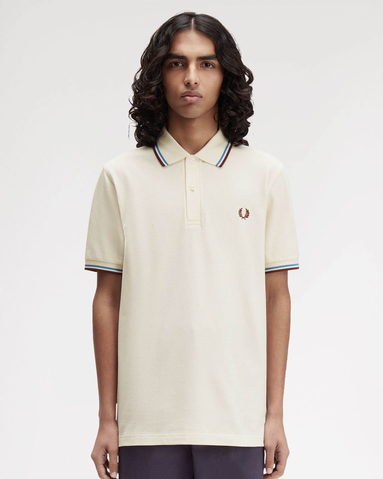 Fred Perry Mens Twin Tipped Signature Polo Shirt Ecru/Court Blue