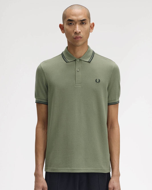Fred Perry Mens Twin Tipped Signature Polo Shirt - Laurel Wreath Green/Black/Black Z50