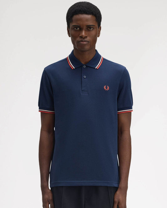 Fred Perry Mens Twin Tipped Signature Polo Shirt - Tennis Blue/Silky Peach/Flamingo Tan Z57