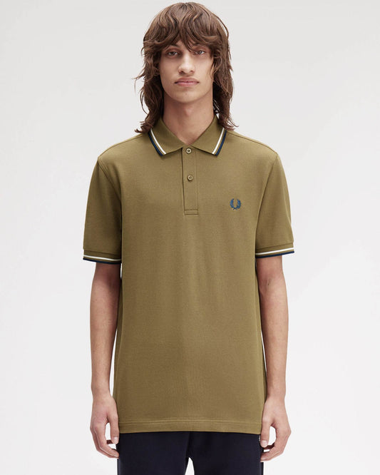 Fred Perry Mens Twin Tipped Signature Polo Shirt - Shaded Stone/Ecru/Dark Petrol Z60