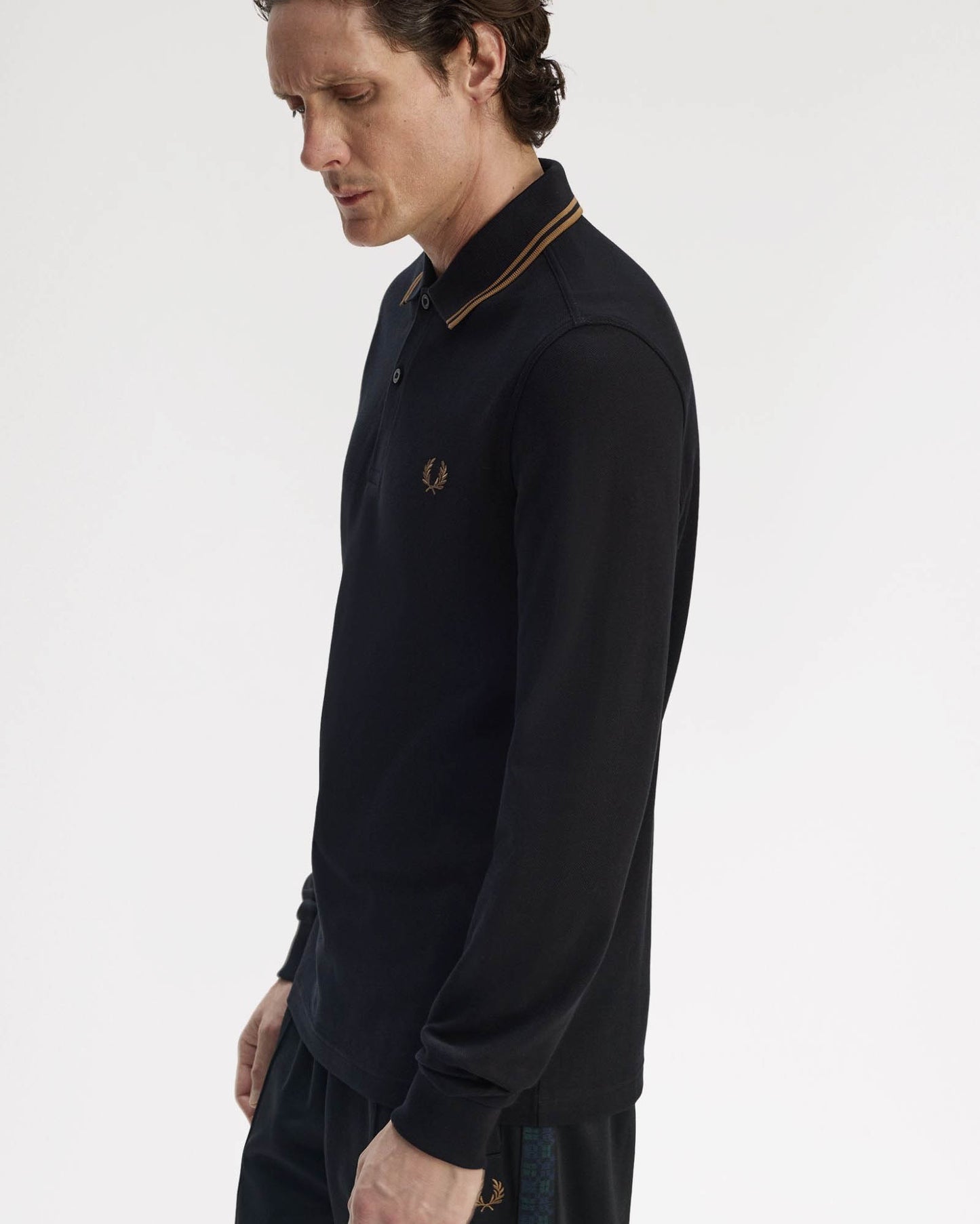 Fred Perry Mens Long Sleeve Twin Tipped Polo Shirt - Black/Shaded Stone S77