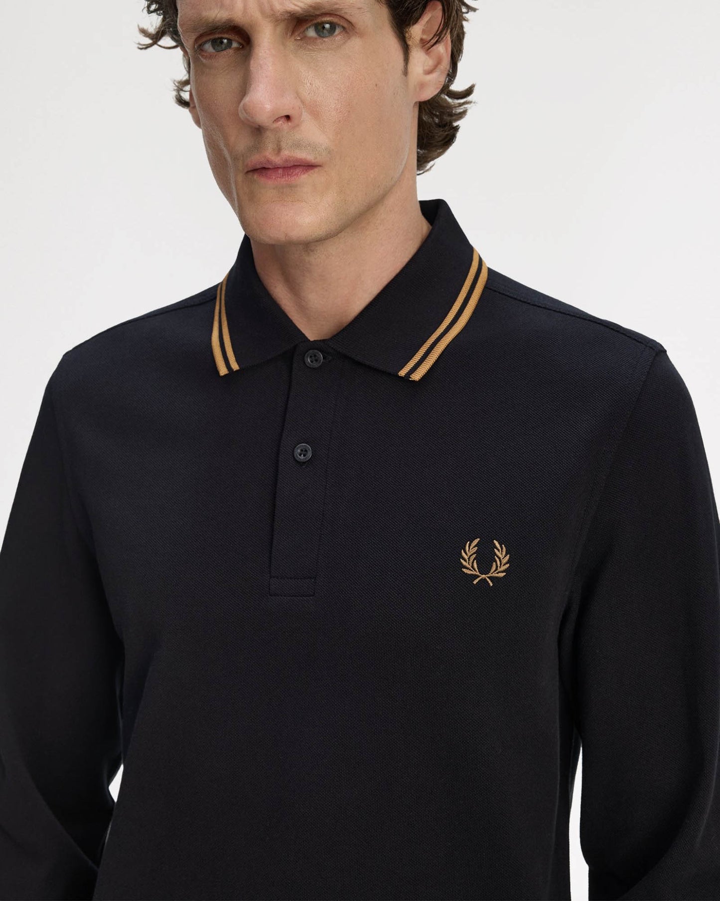 Fred Perry Mens Long Sleeve Twin Tipped Polo Shirt - Black/Shaded Stone S77