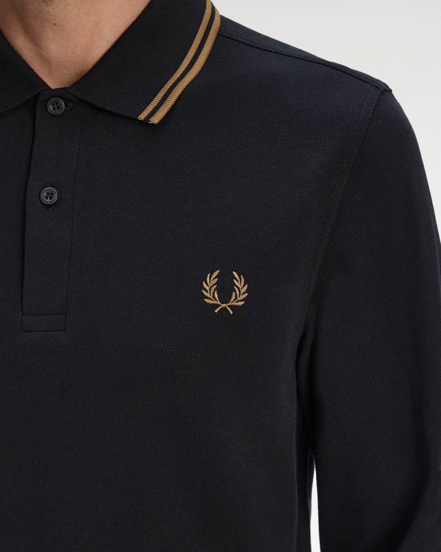 Fred Perry Mens Long Sleeve Twin Tipped Polo Shirt - Black/Shaded Stone S77
