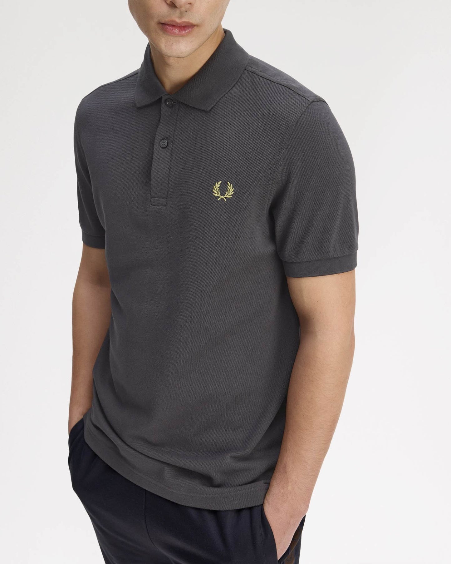 Fred Perry Mens Plain Signature Polo Shirt - Anchor Grey/Tennis Ball Yellow 58A