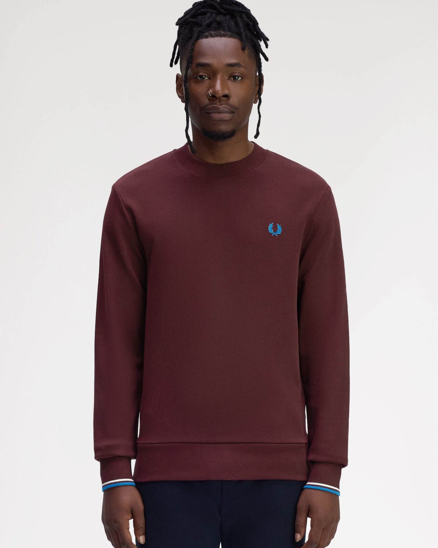 Fred Perry Mens Crew Neck Sweatshirt - Oxblood/Ecru/Court Blue Z63