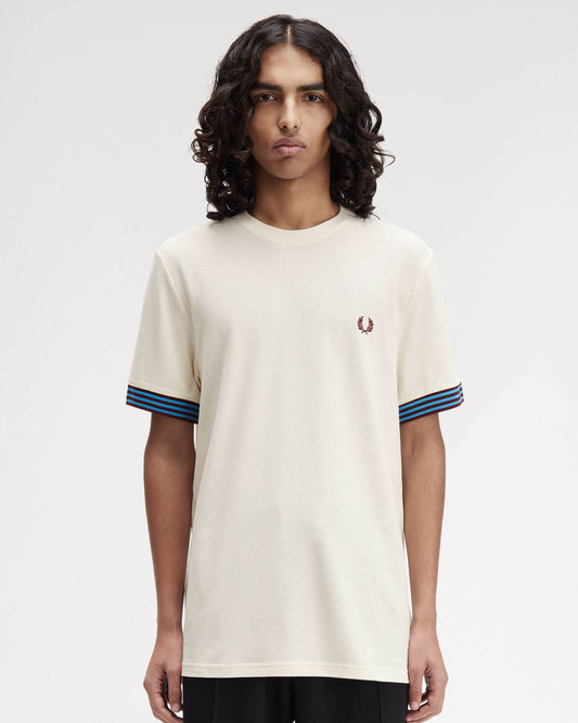 Fred Perry Mens Striped Cuff T-Shirt - Ecru 170
