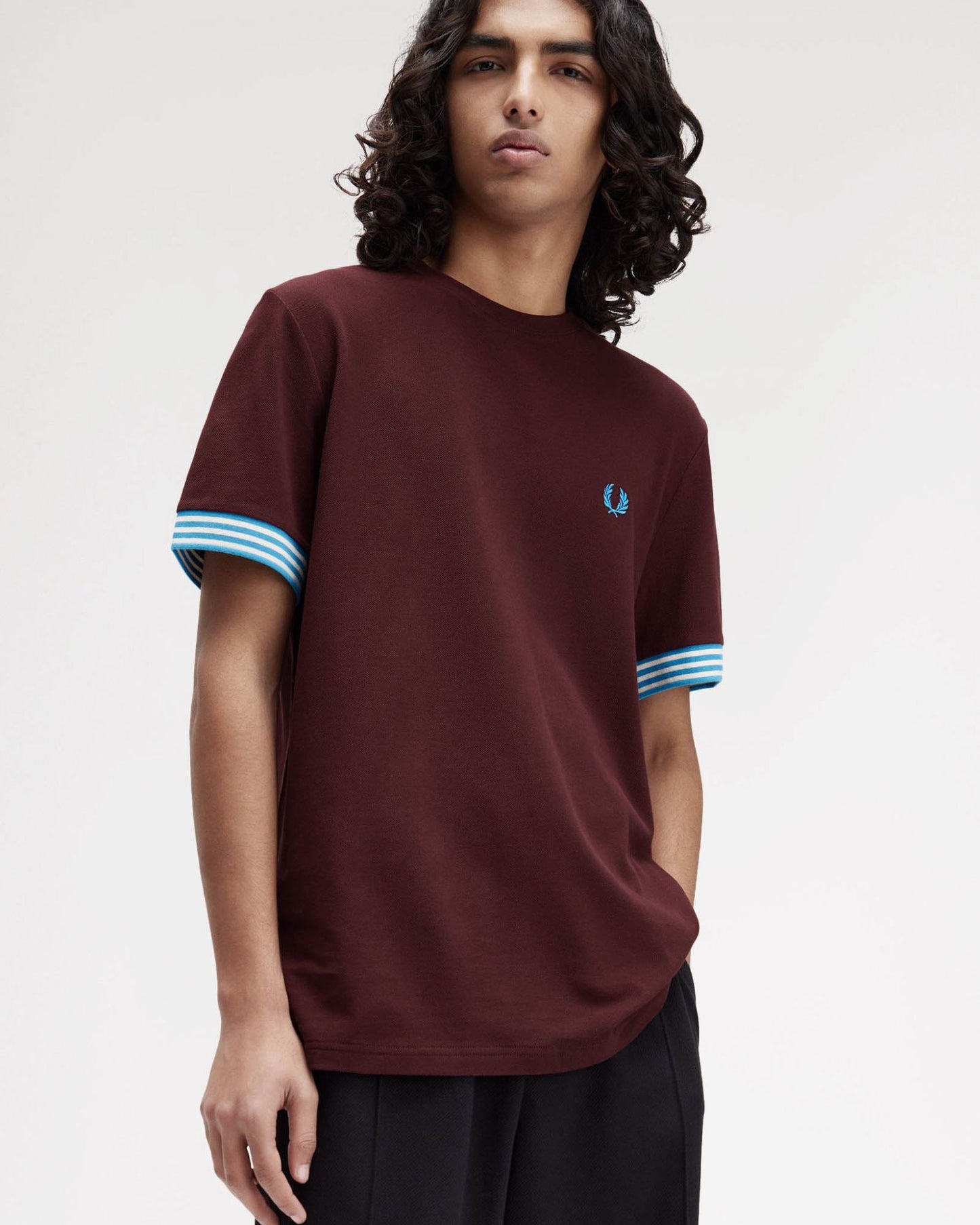 Fred Perry Mens Striped Cuff T-Shirt - Ox Blood/Ecru/Ecru 597