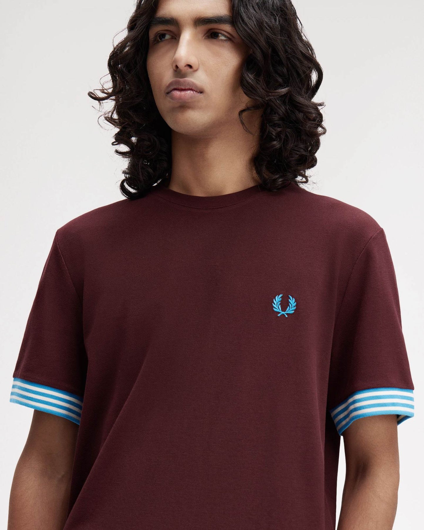 Fred Perry Mens Striped Cuff T-Shirt - Ox Blood/Ecru/Ecru 597