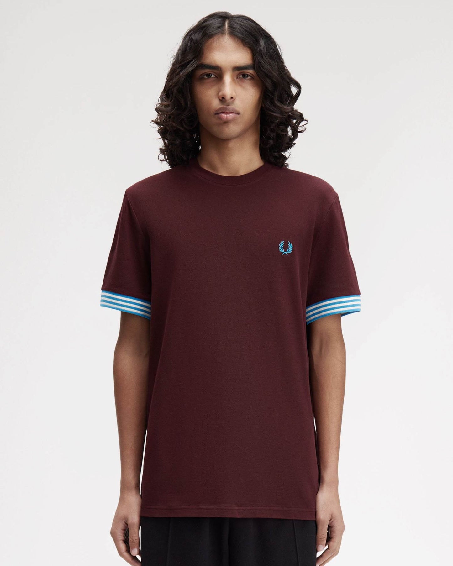 Fred Perry Mens Striped Cuff T-Shirt - Ox Blood/Ecru/Ecru 597