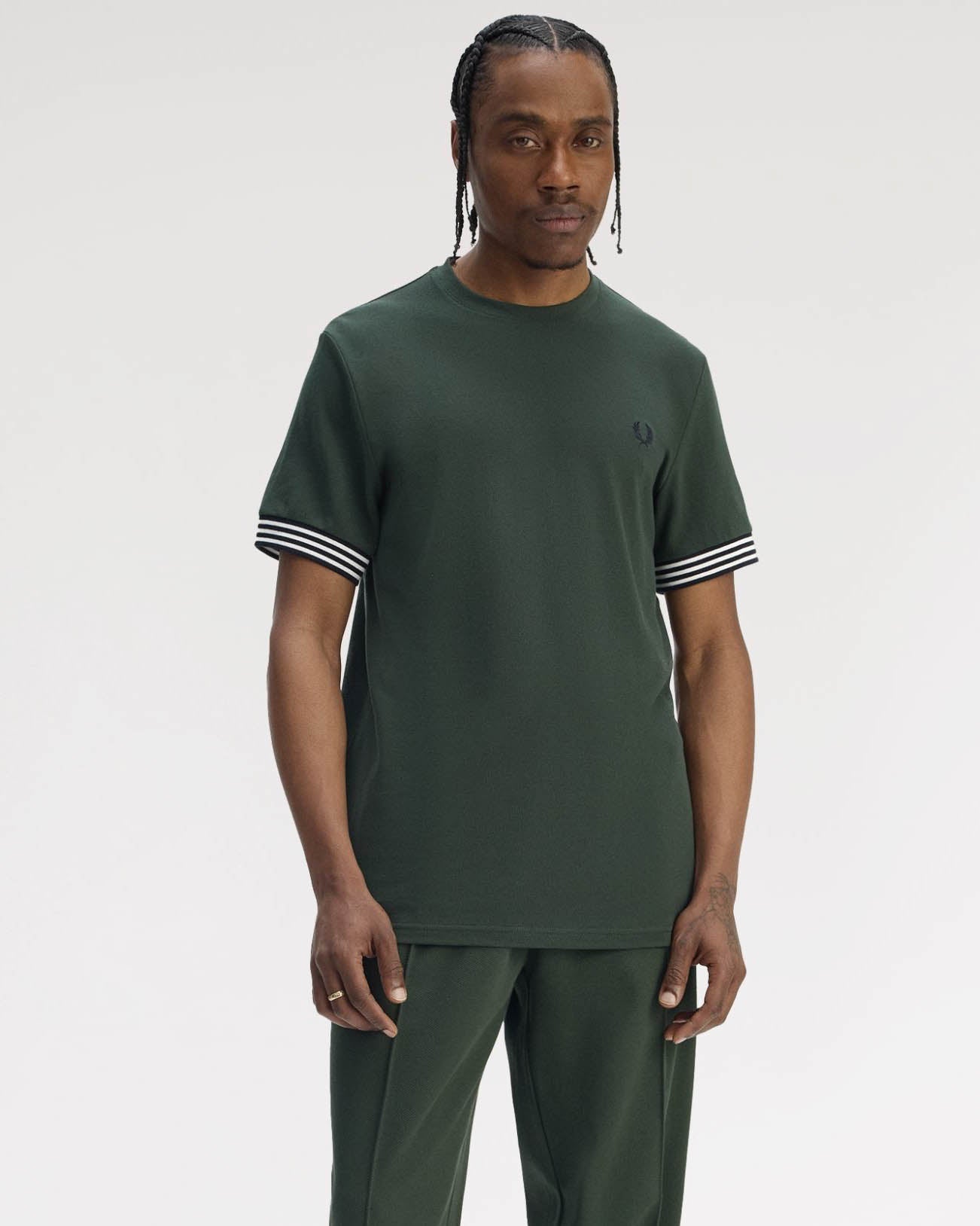Fred Perry Mens Striped Cuff T-Shirt - Court Green X89