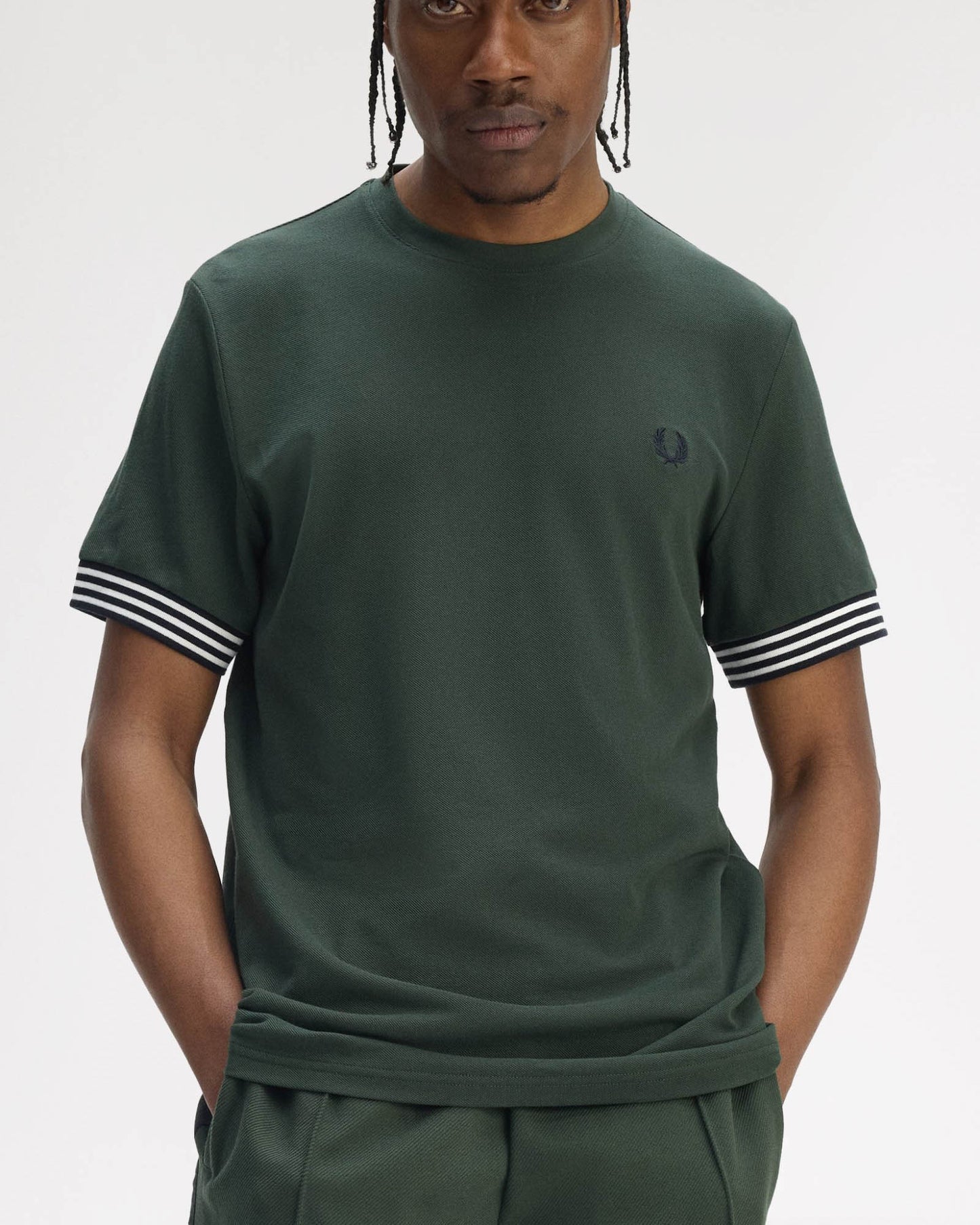 Fred Perry Mens Striped Cuff T-Shirt - Court Green X89