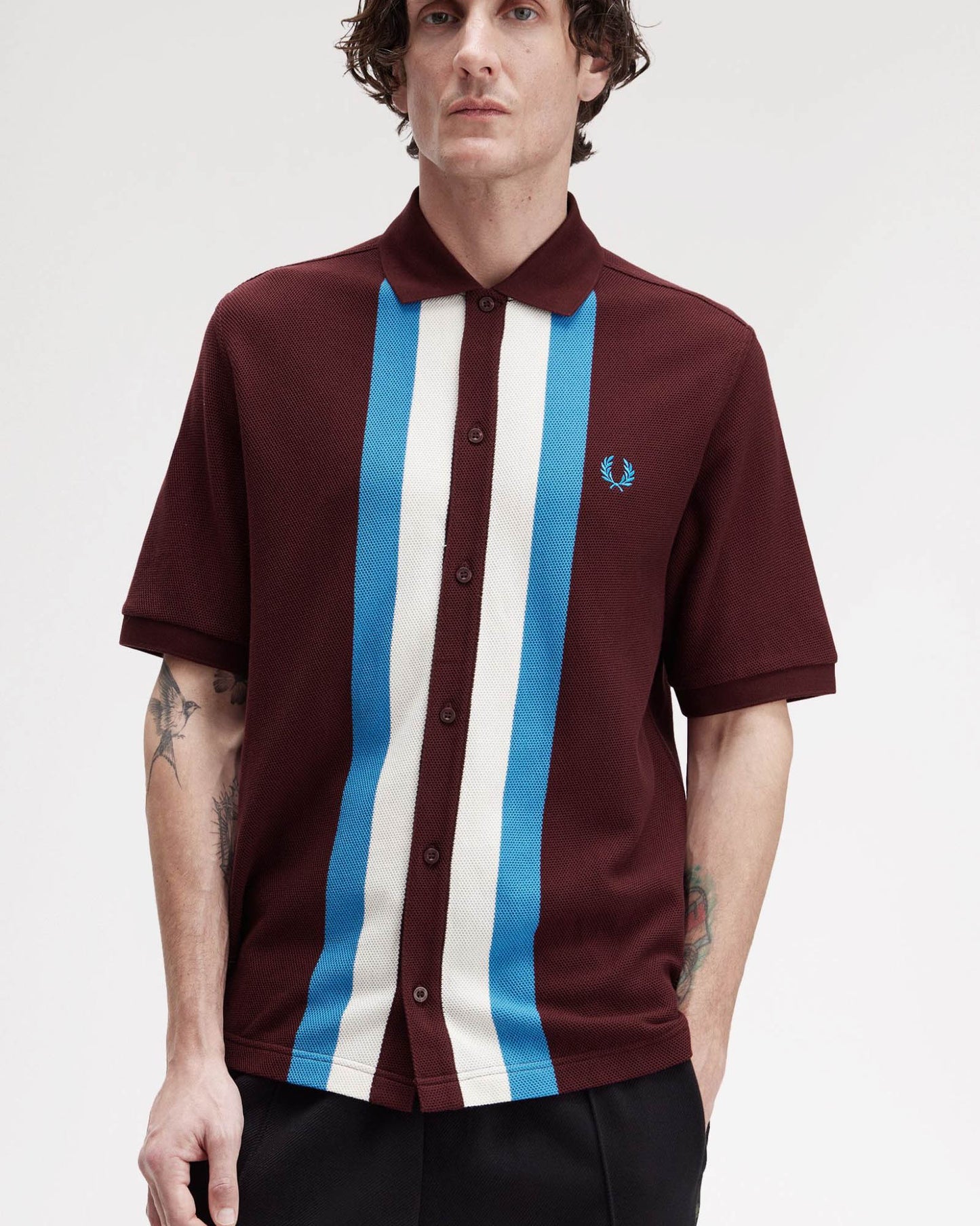 Fred Perry Mens Panelled Button Through Polo Shirt - Ox Blood/Ecru/Ecru 597